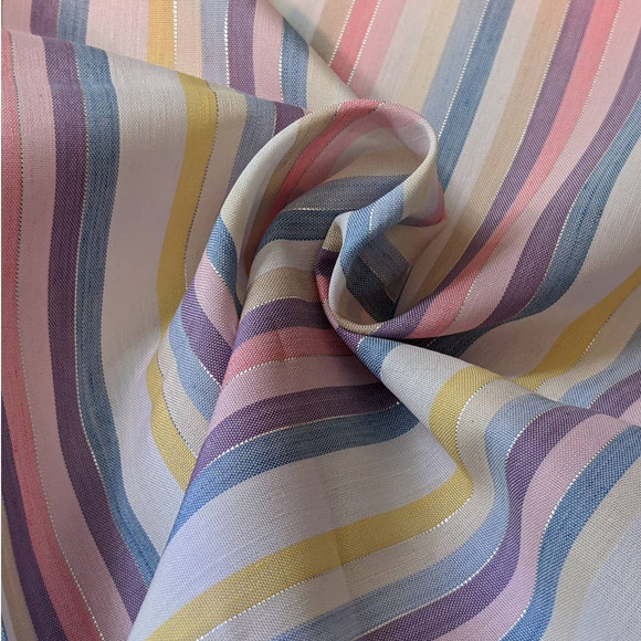 Vintage Pastel Rainbow Stripes Fabric with Metallic Silver, Cute Kawaii Fabric - Picture 3 of 10